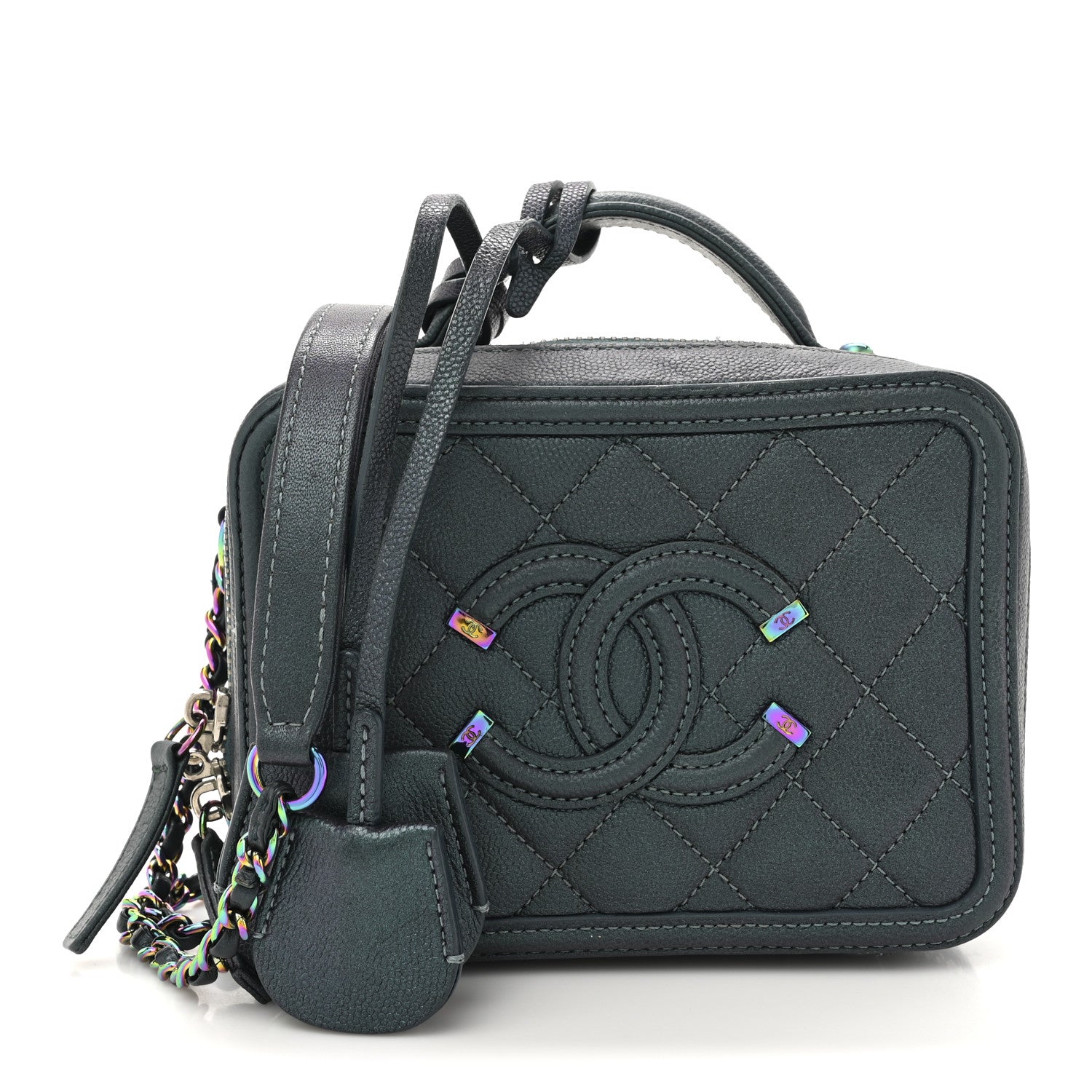 Chanel Iridescent Caviar Quilted Small CC Filigree Vanity Case Dark Turquoise 1 of 11