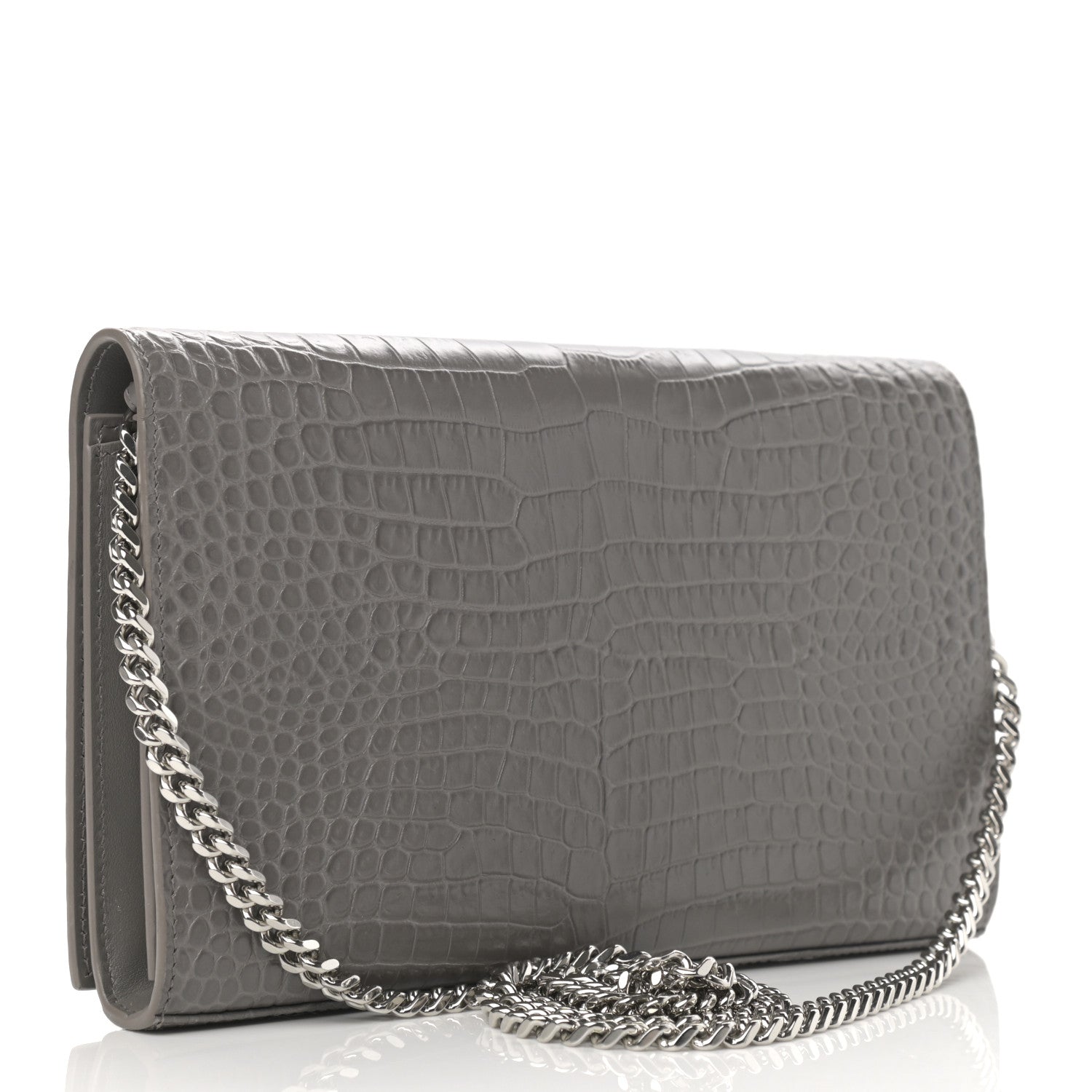 Saint Laurent Calfskin Crocodile Embossed Monogram Chain Wallet Fog 3 of 10