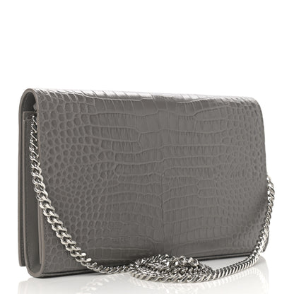 Saint Laurent Calfskin Crocodile Embossed Monogram Chain Wallet Fog 3 of 10