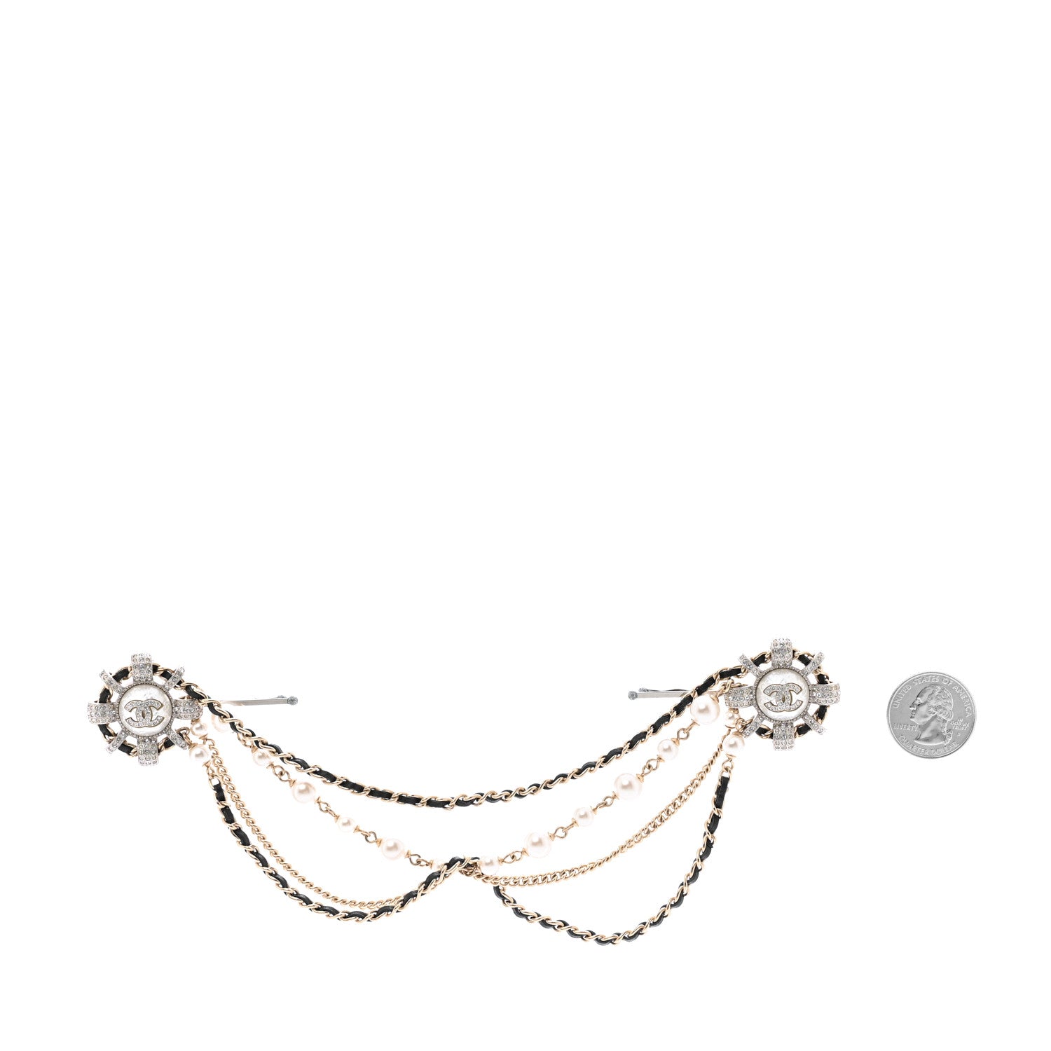 Chanel Metal Pearl Strass CC Chain Hair Clip Silver Black Pearly White 2 of 3