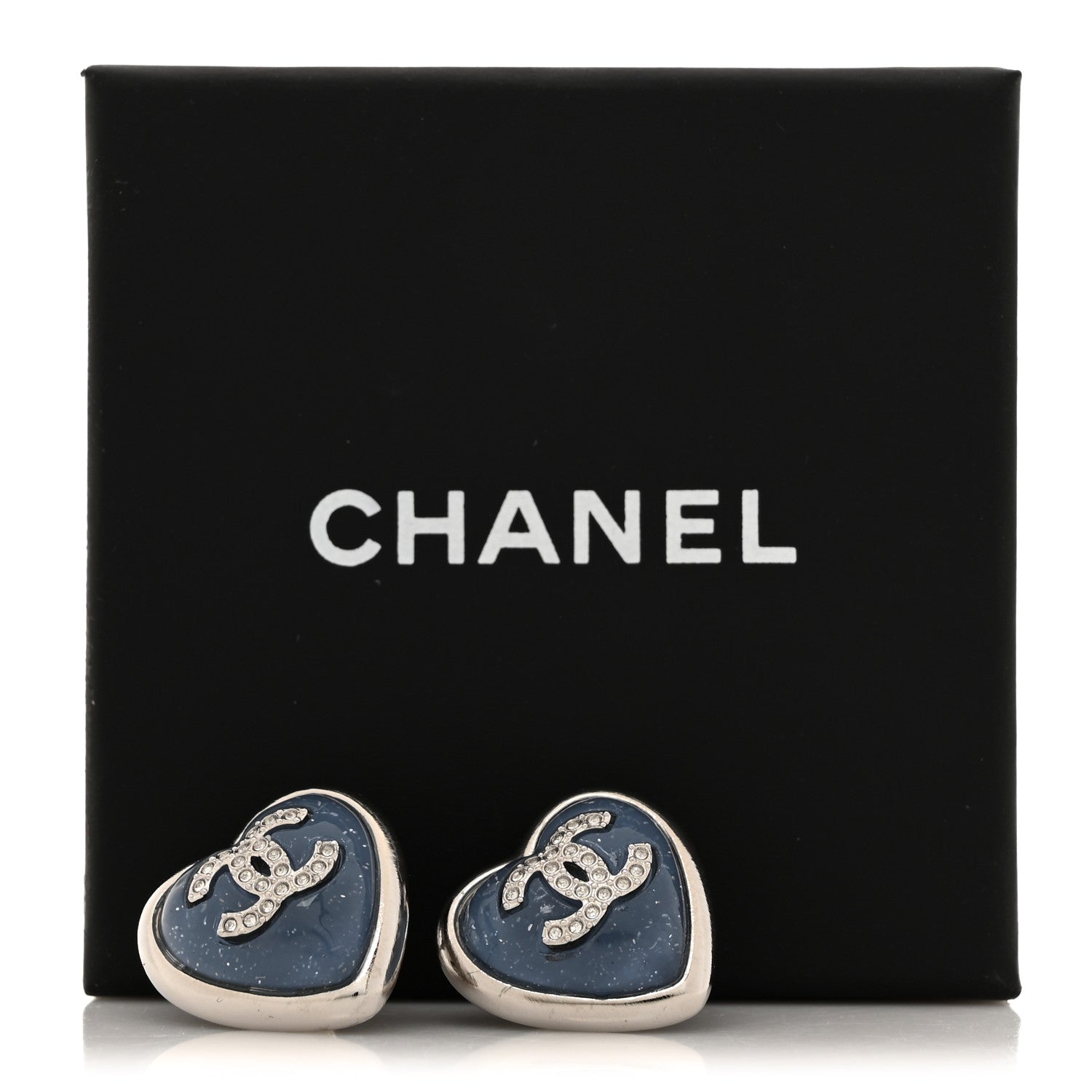 Chanel Resin Crystal CC Heart Earrings Silver Blue 5 of 5