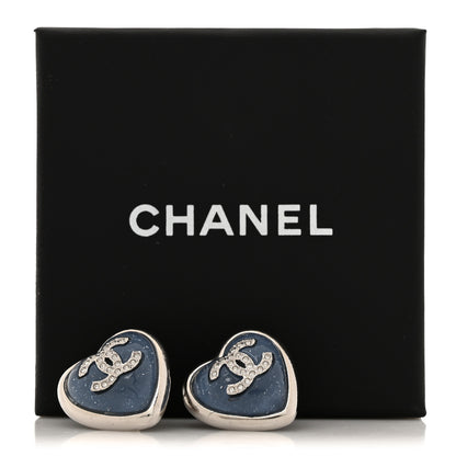 Chanel Resin Crystal CC Heart Earrings Silver Blue 5 of 5