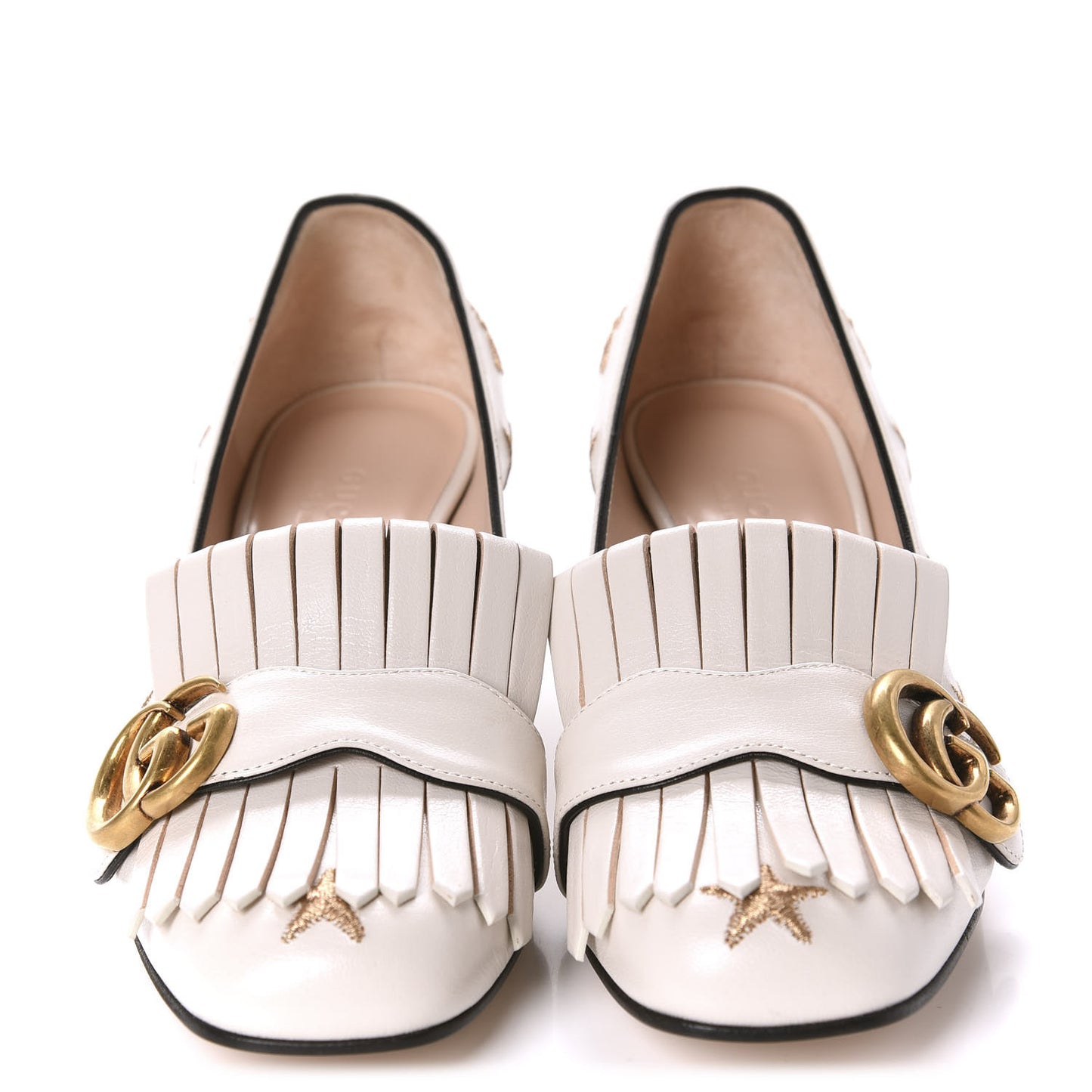 Quentin Goatskin Bee Star Embroidered GG Marmont Fringe 50mm Loafer Pumps 35 Mystic White