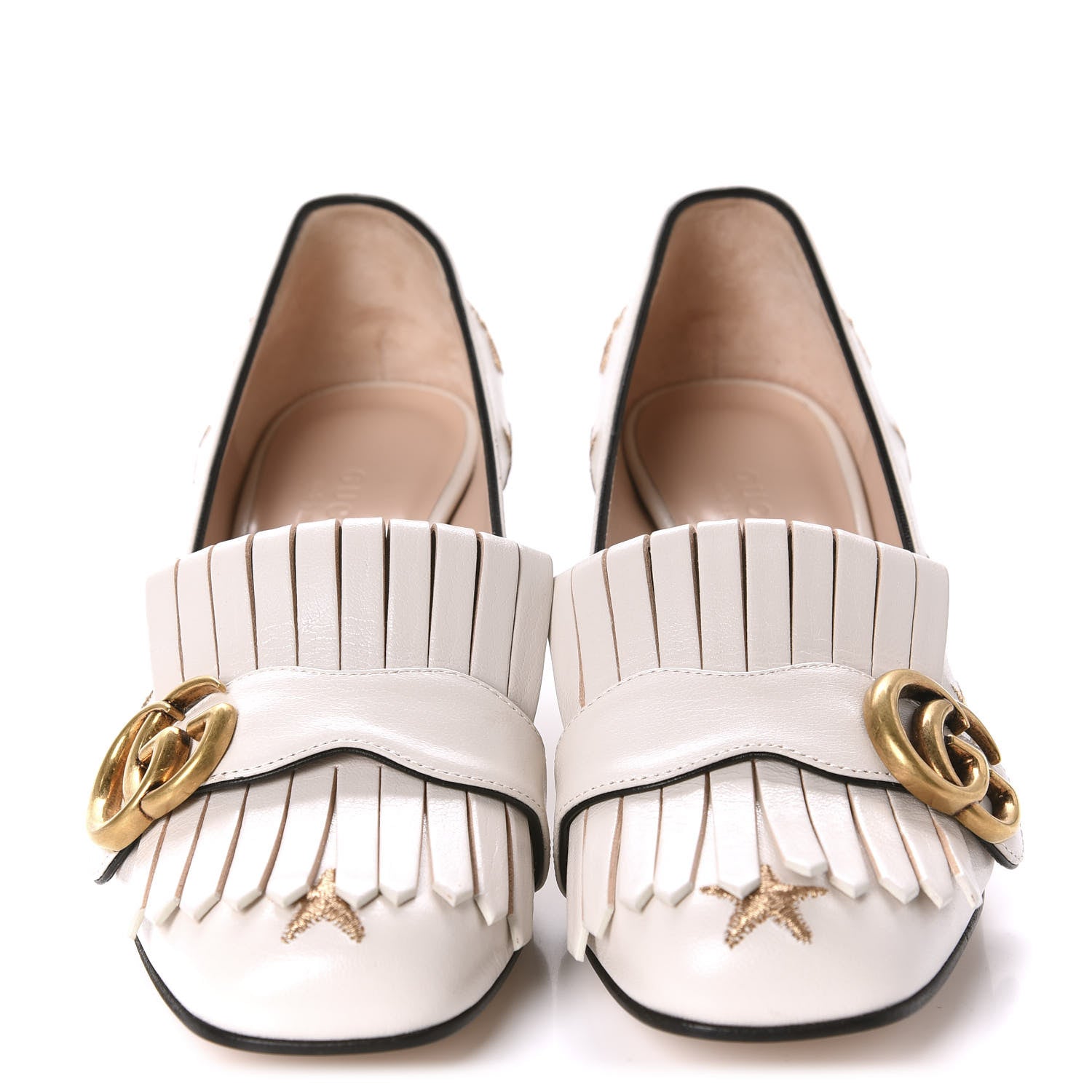 Gucci Quentin Goatskin Bee Star Embroidered GG Marmont Fringe 50mm Loafer Pumps 35 Mystic White 2 of 10