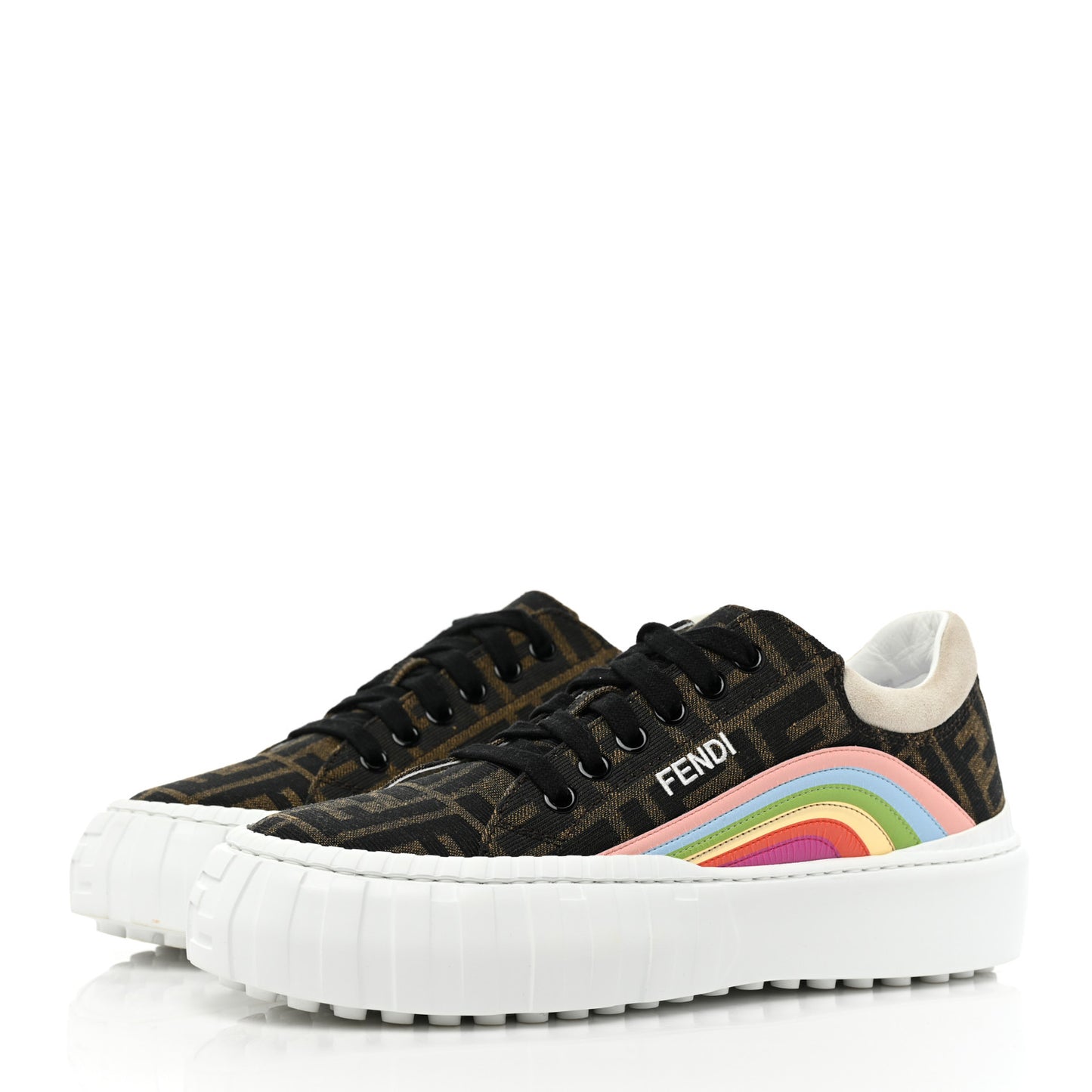Fabric Jacquard FF Rainbow Womens Fendi Force Low-Top Sneakers 37.5 Tobacco Black White Multicolor