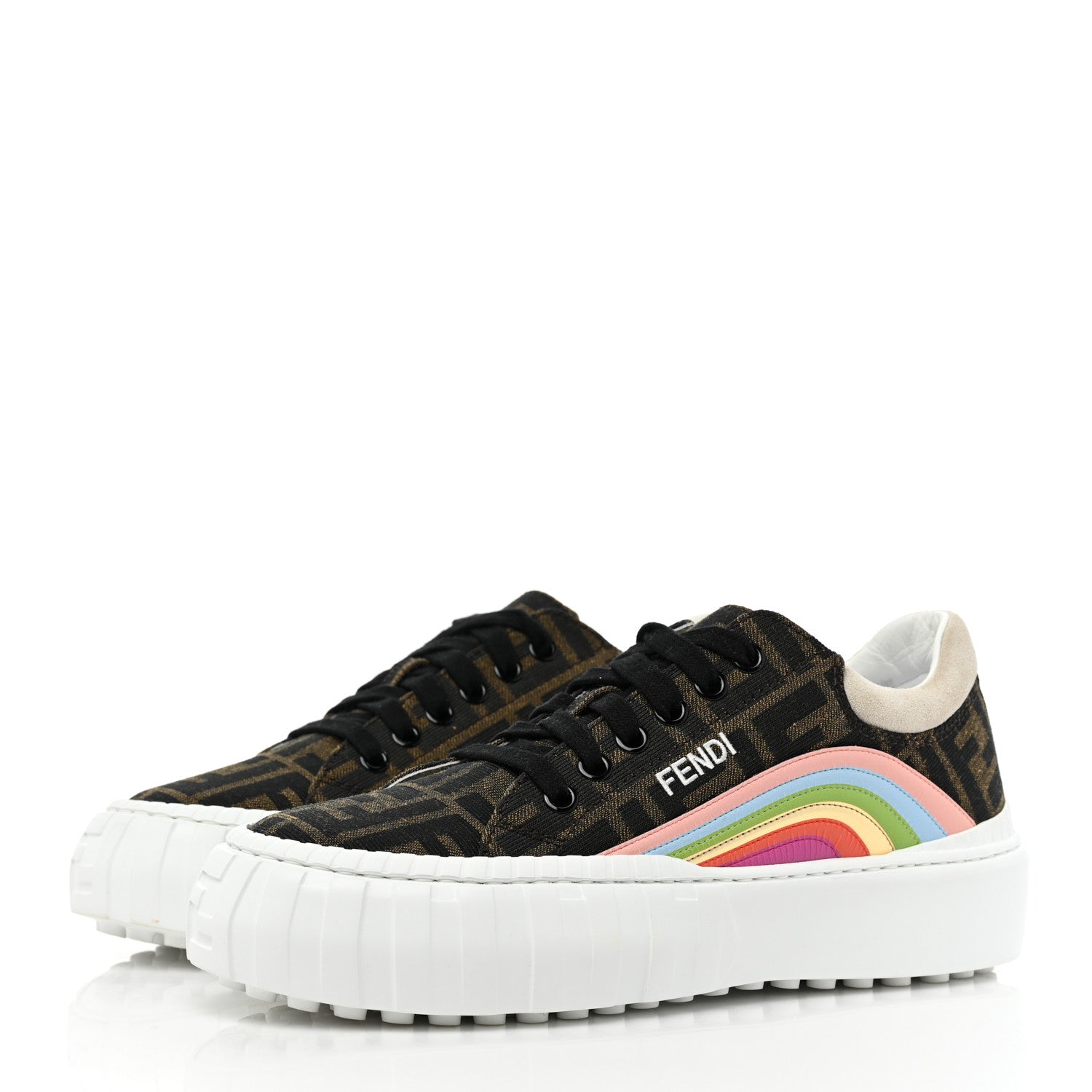 Fendi Fabric Jacquard FF Rainbow Womens Fendi Force Low-Top Sneakers 37.5 Tobacco Black White Multicolor 3 of 9