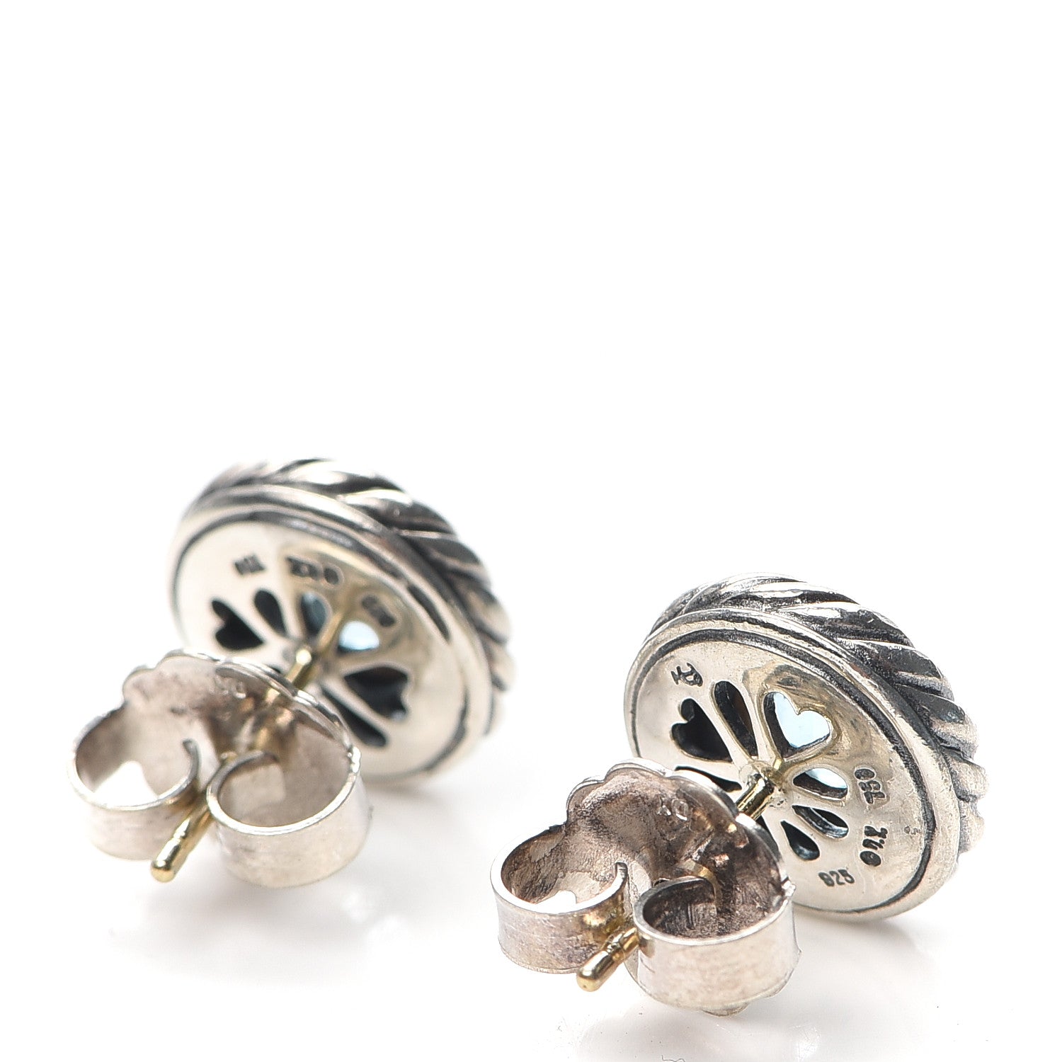 David Yurman Sterling Silver 18K Yellow Gold Blue Topaz Cookie Cable Earrings 3 of 4