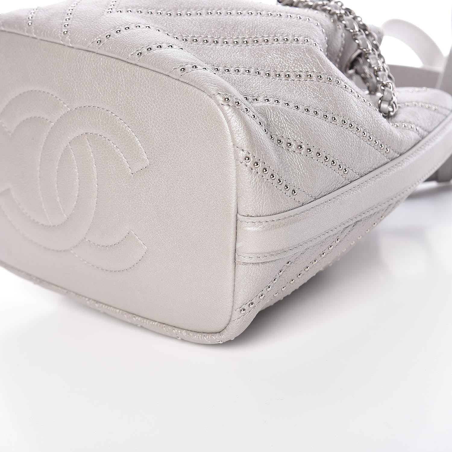 Chanel Metallic Calfskin Studded Chevron Quilted Small Stud Wars Drawstring Bag Silver 10 of 10