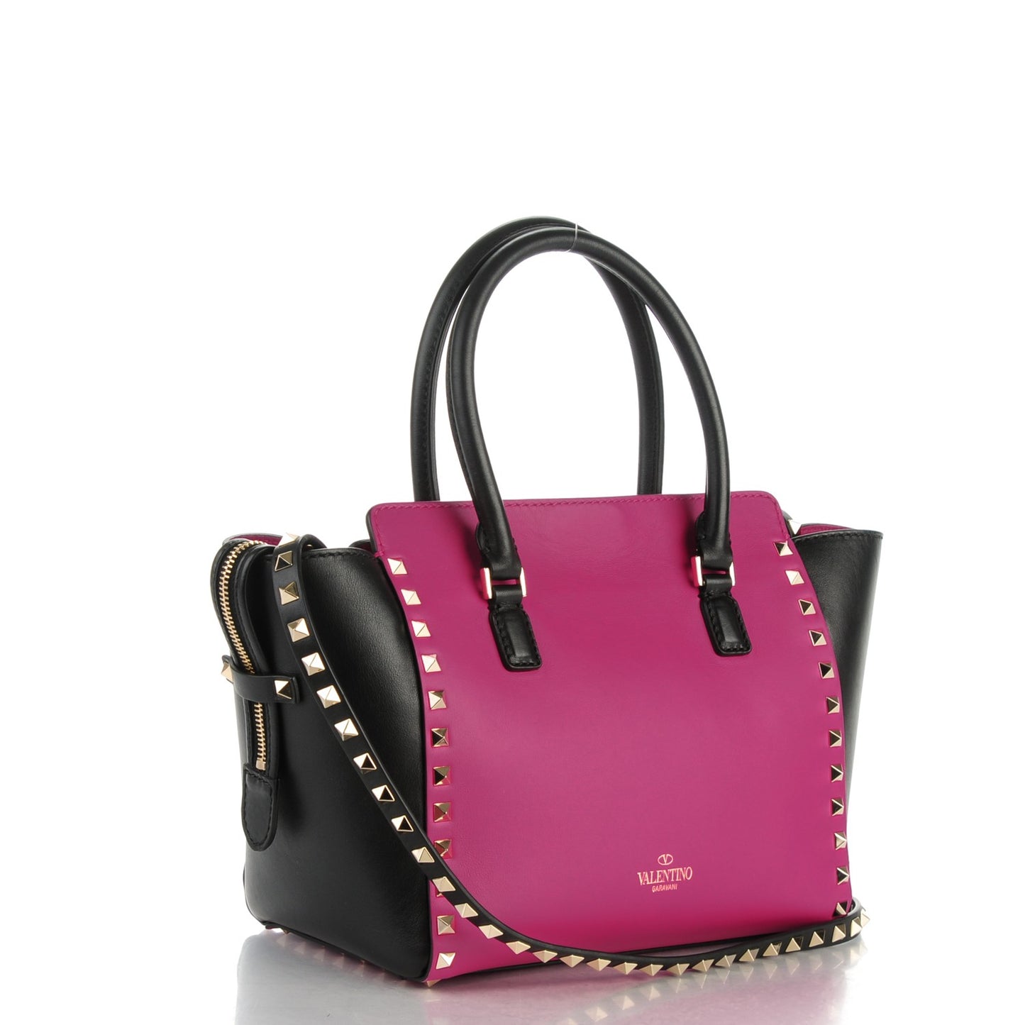 Vitello Bi-Color Small Rockstud Double Handle Tote Fuxia Black