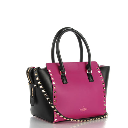 Valentino Garavani Vitello Bi-Color Small Rockstud Double Handle Tote Fuxia Black 3 of 8