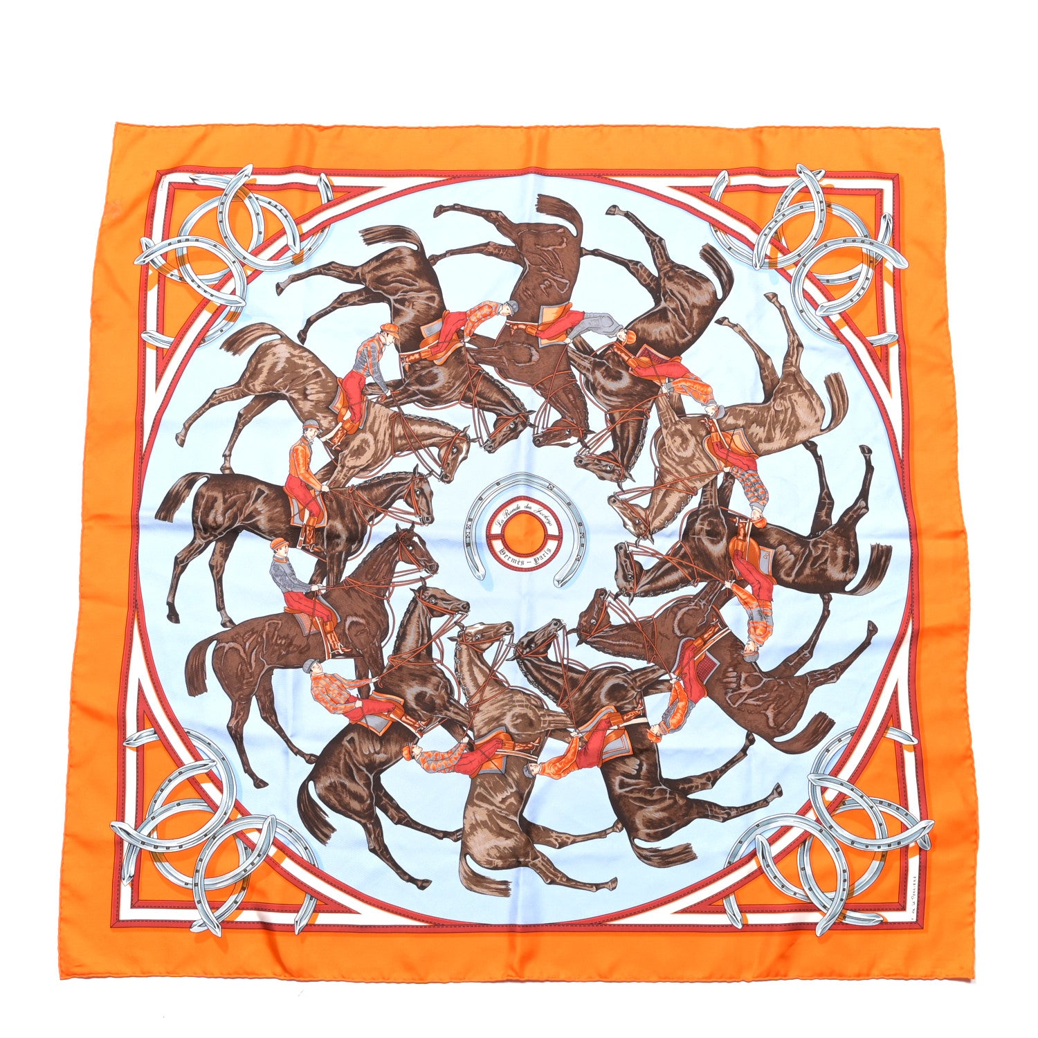 Hermes Silk La Ronde Des Jockeys Scarf 90 Orange Blue 1 of 5