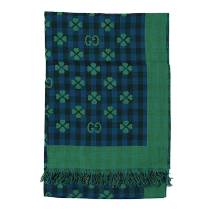 Gucci Cotton Woven Long Lucky Fringe Scarf Navy Light Green 2 of 3