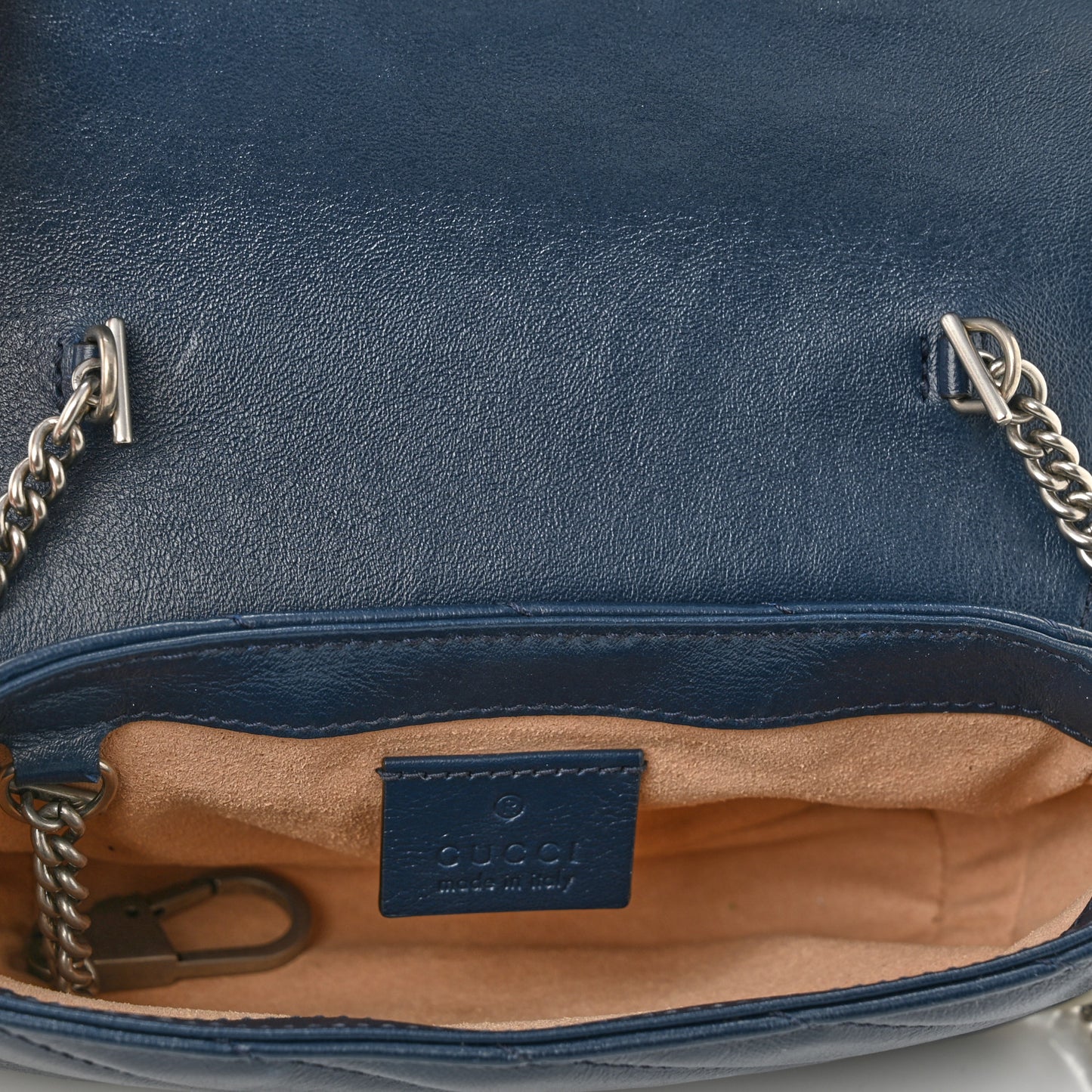 Vintage Effect Calfskin Matelasse Diagonal Super Mini Torchon GG Marmont Shoulder Bag Blue Agata Mystic White