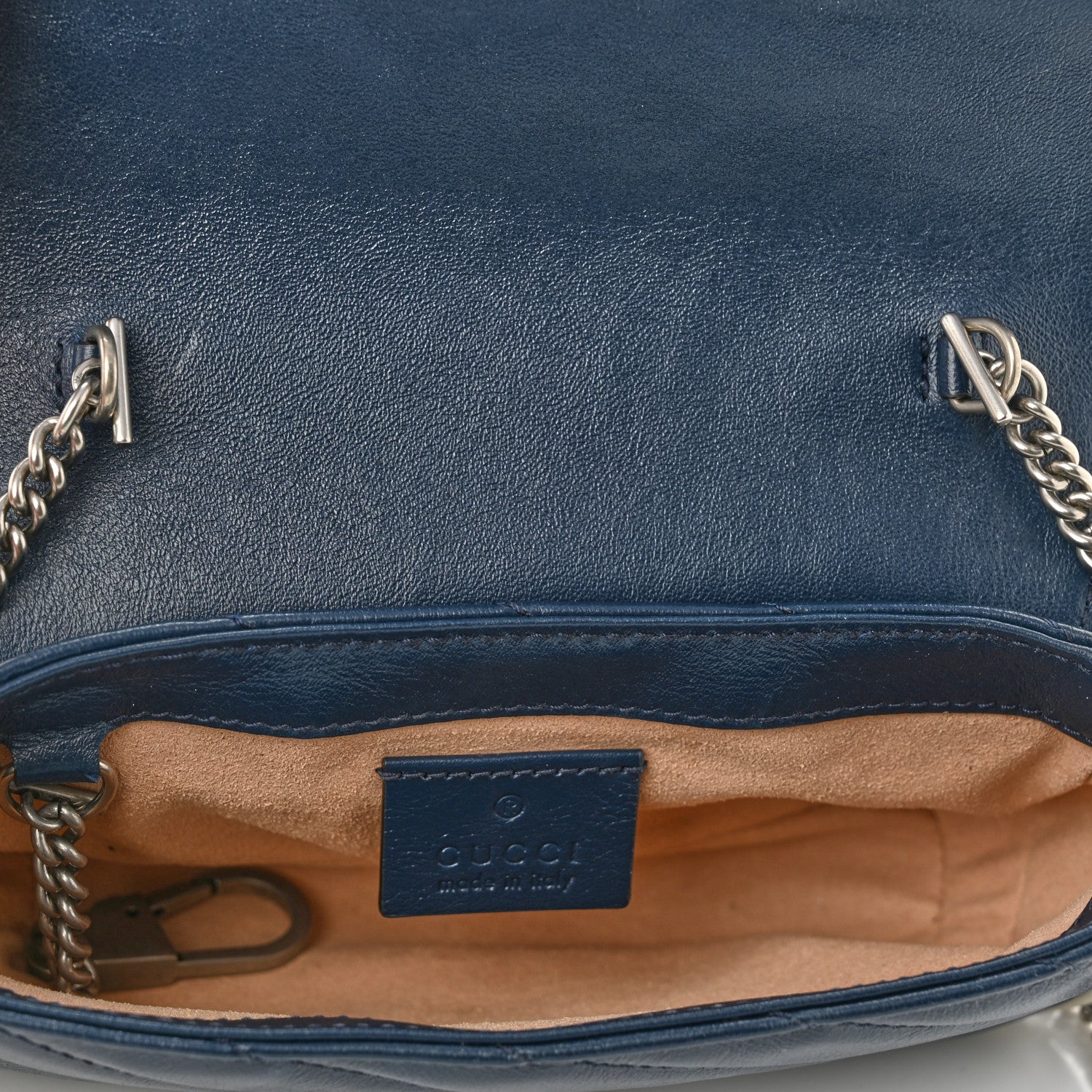 Gucci Vintage Effect Calfskin Matelasse Diagonal Super Mini Torchon GG Marmont Shoulder Bag Blue Agata Mystic White 5 of 10