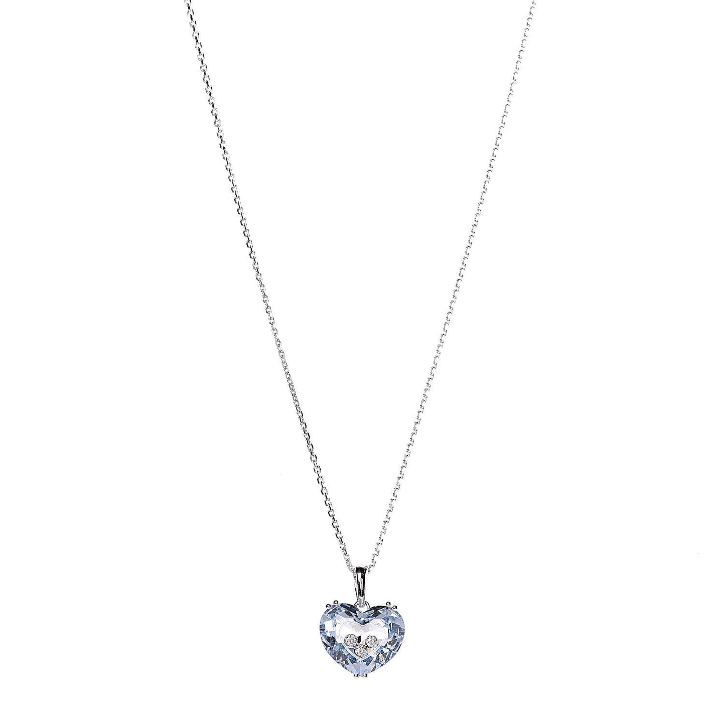 18K White Gold Blue Topaz 3 Diamonds So Happy Heart Pendant Necklace