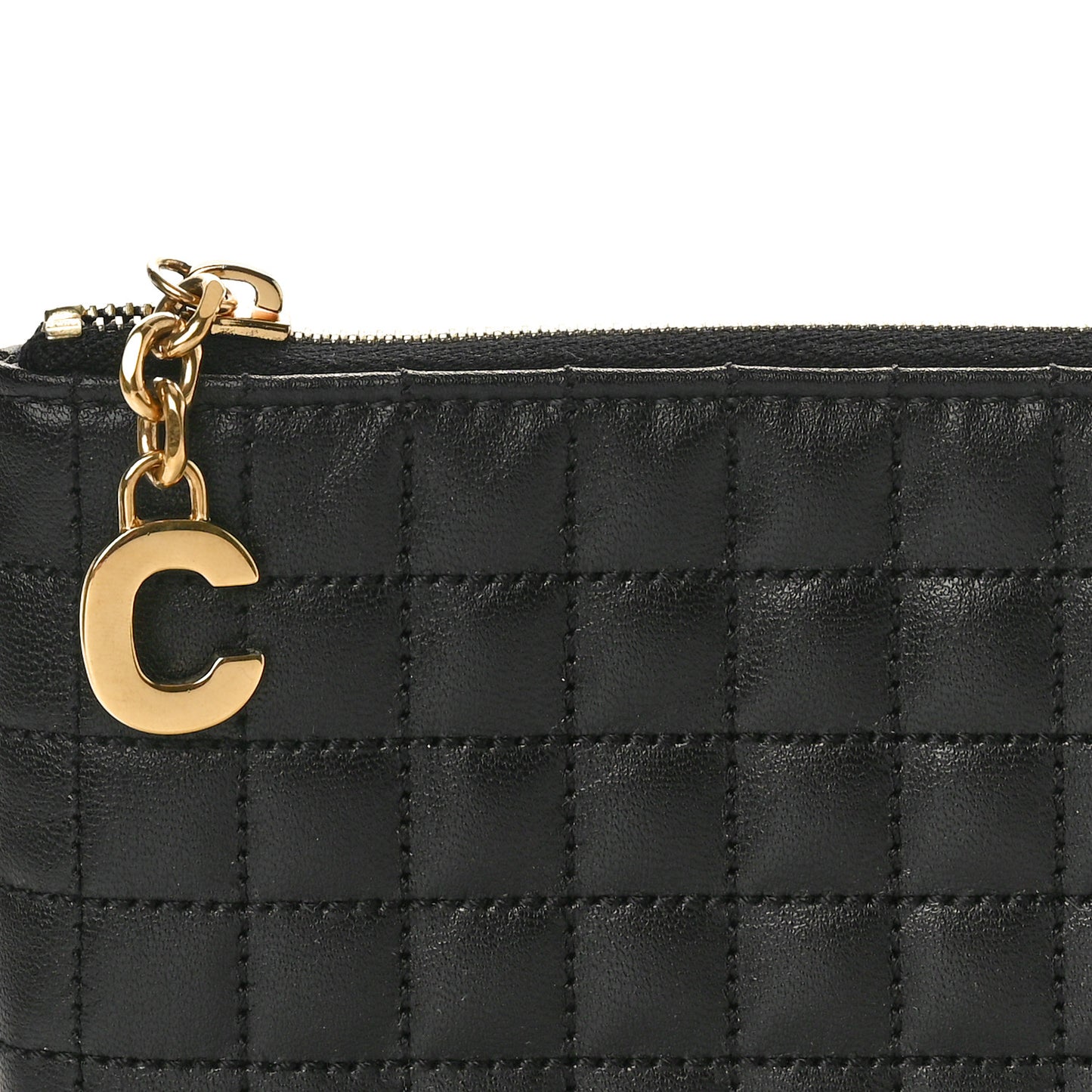 Calfskin Quilted C Charm Coin Card Pouch Black