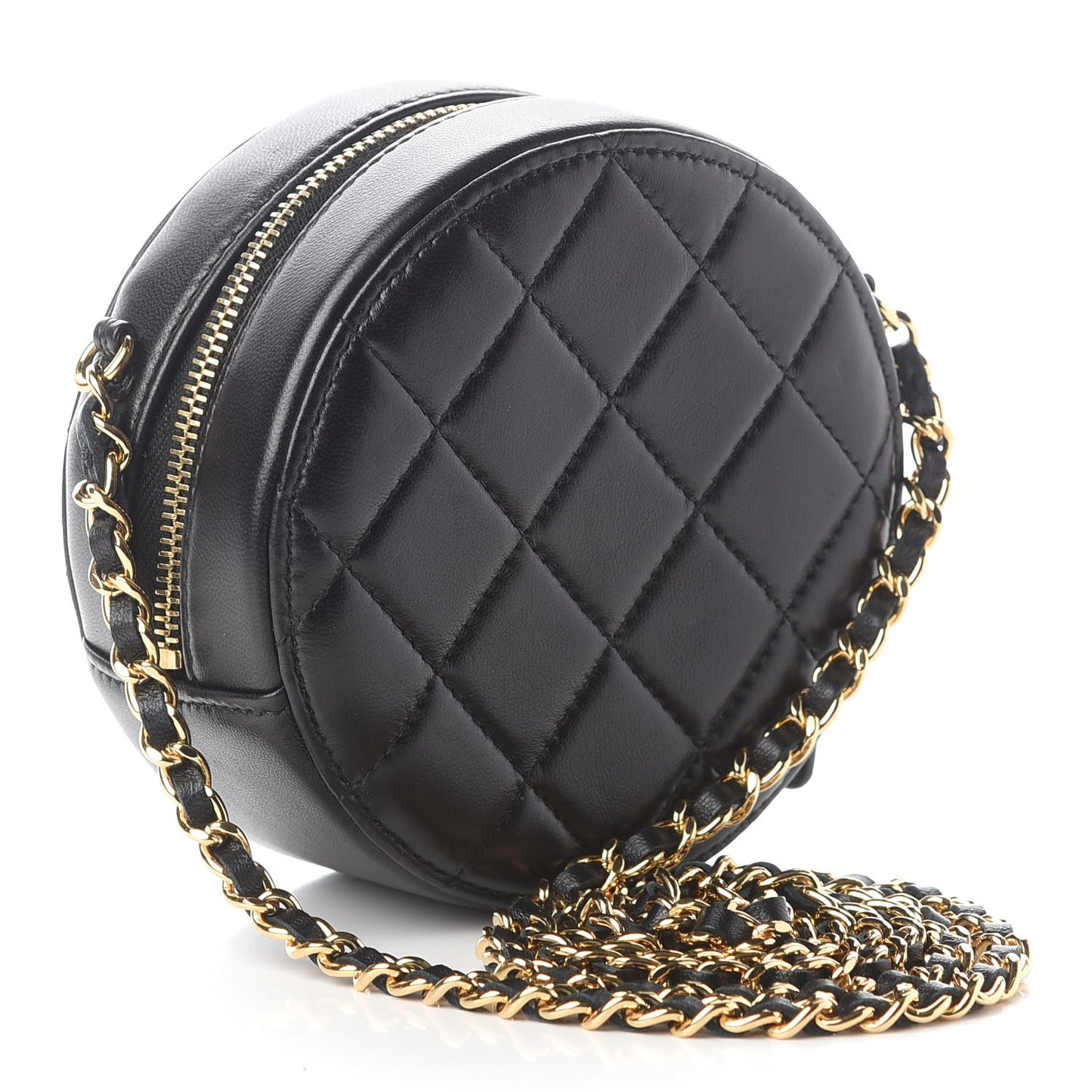 Lambskin Quilted Zirconium Round Clutch With Chain Black