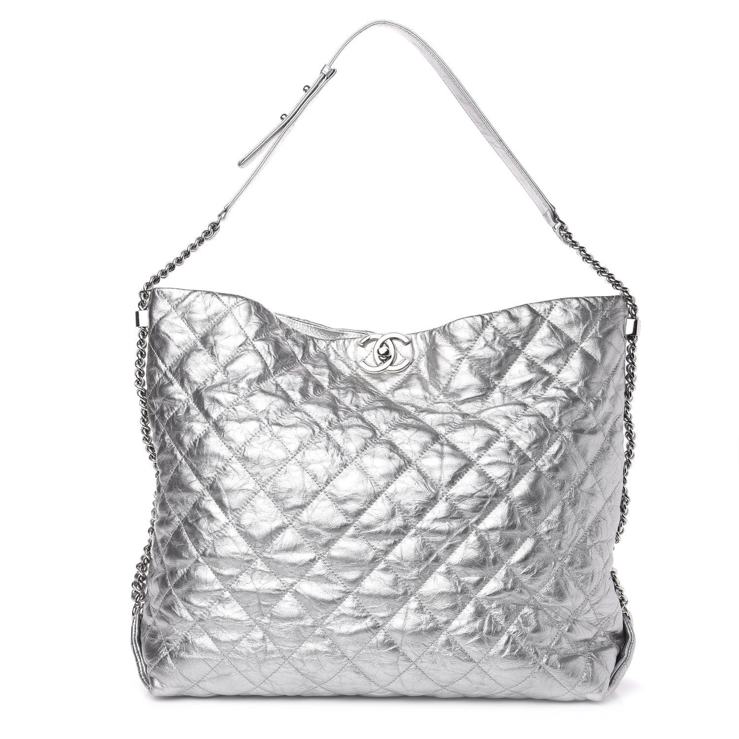 Metallic Crackled Calfskin Quilted Large Big Bang Hobo Silver