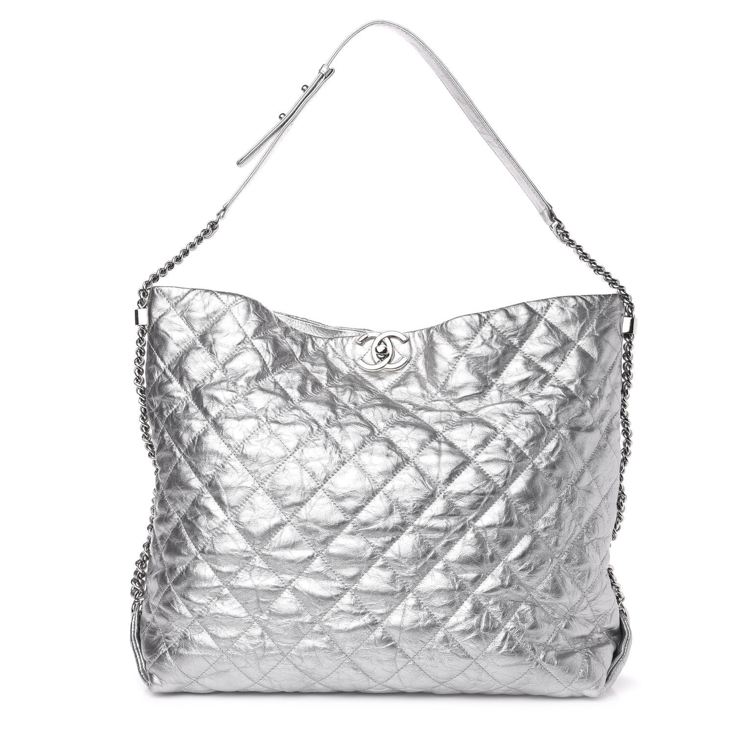 Chanel Metallic Crackled Calfskin Quilted Large Big Bang Hobo Silver 1 of 11