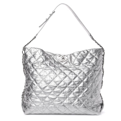 Chanel Metallic Crackled Calfskin Quilted Large Big Bang Hobo Silver 1 of 11