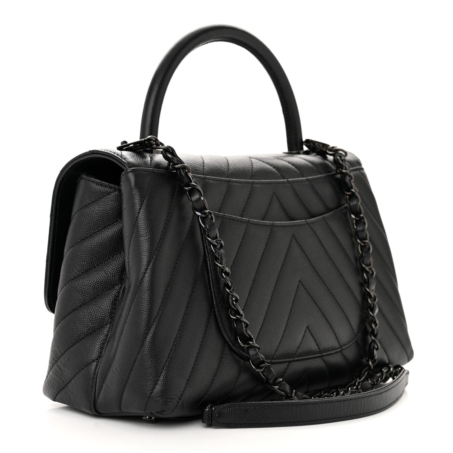 Chanel Caviar Chevron Quilted Small Coco Handle Flap So Black 3 of 10