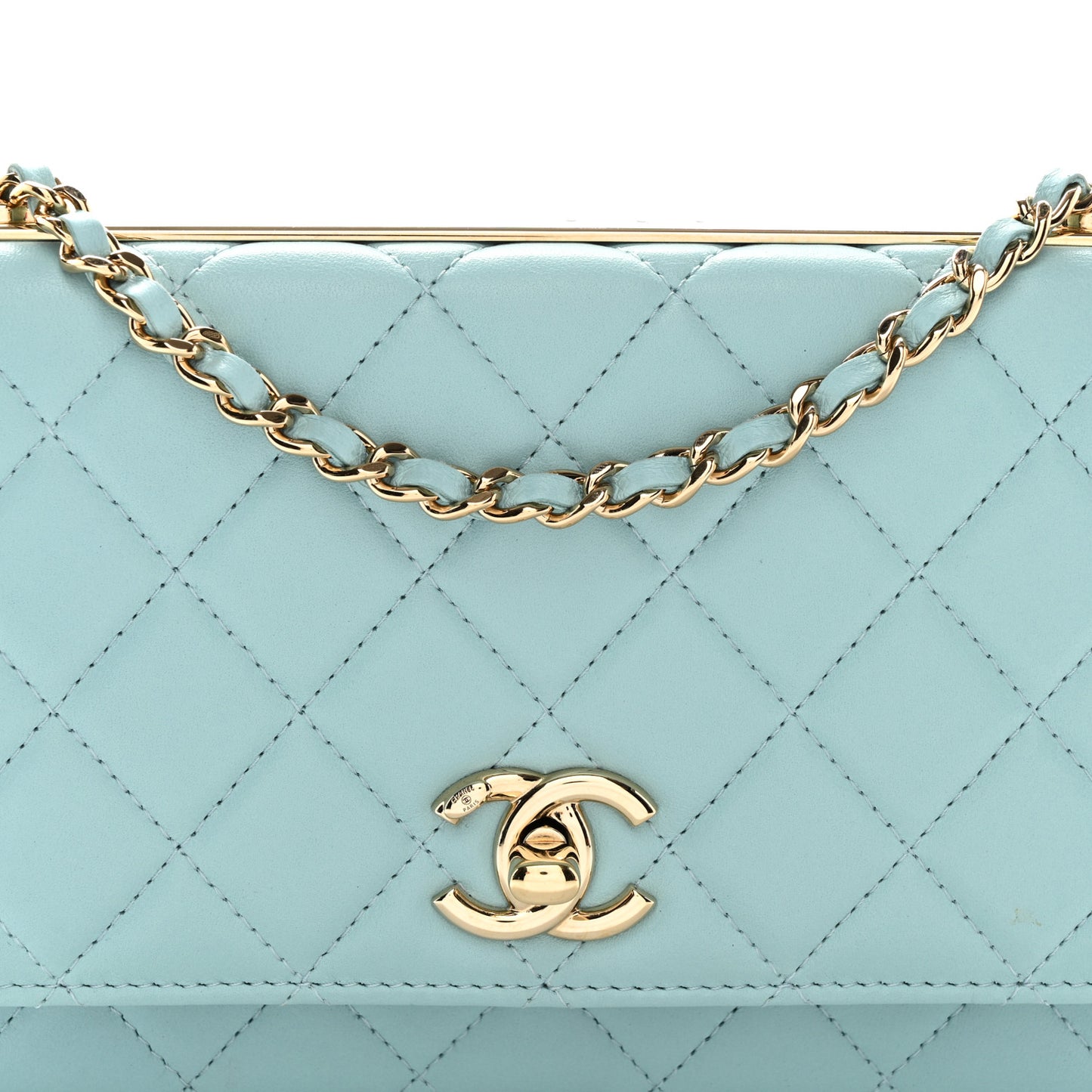 Lambskin Quilted Trendy CC Wallet On Chain WOC Light Blue