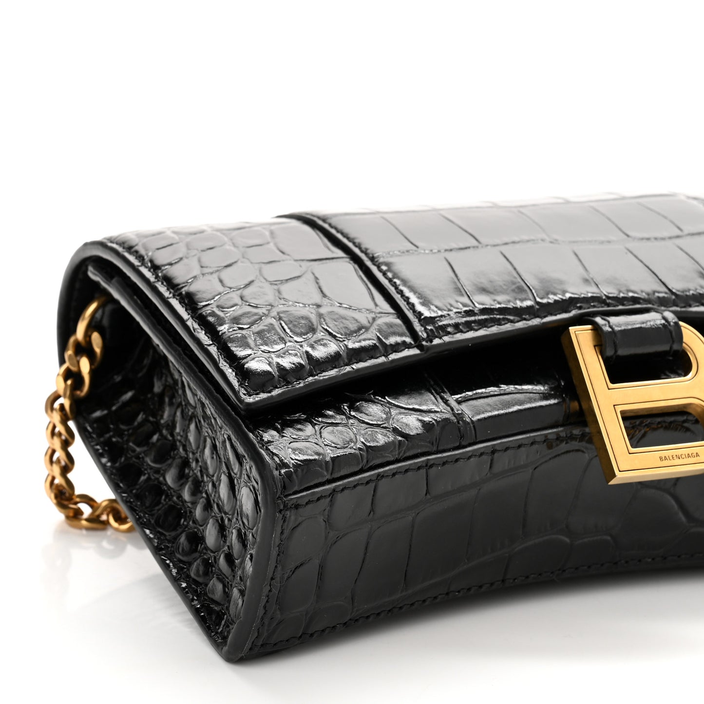 Shiny Calfskin Crocodile Embossed Hourglass Chain Bag Black
