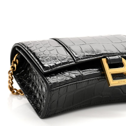 Balenciaga Shiny Calfskin Crocodile Embossed Hourglass Chain Bag Black 7 of 8