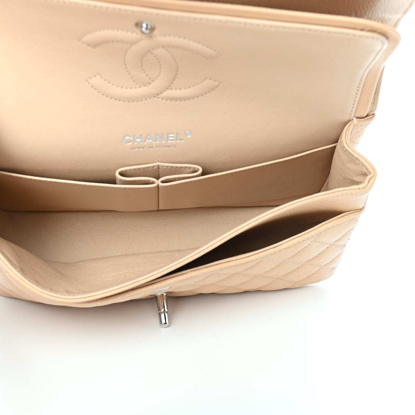 Caviar Quilted Medium Double Flap Beige