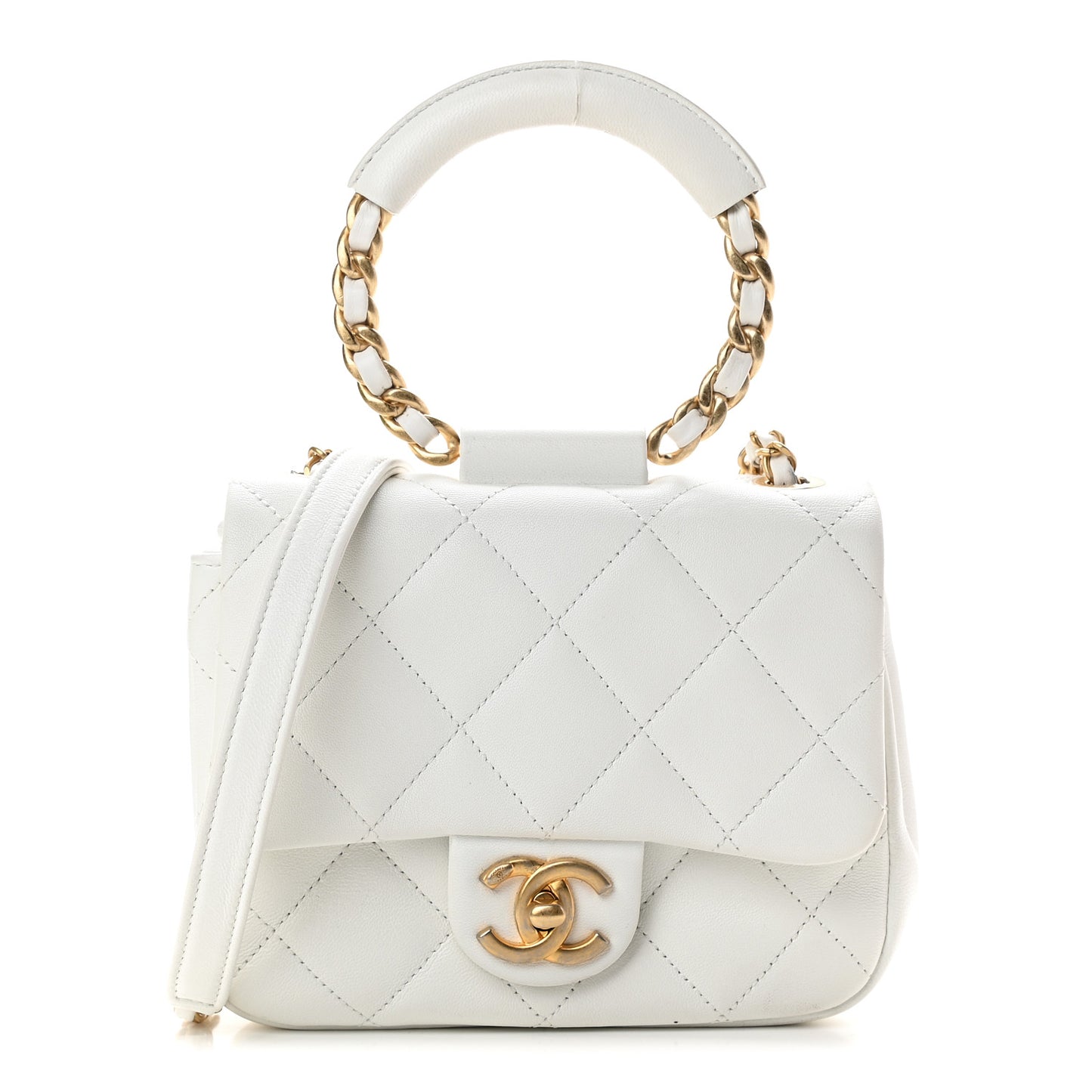Lambskin Quilted Small Circular Handle Bag White