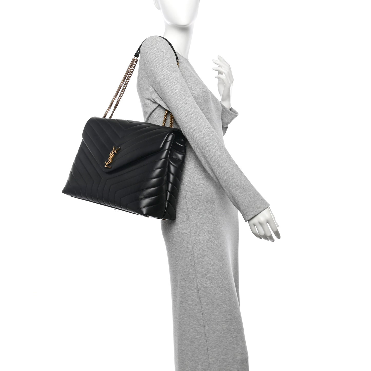 Calfskin Y Quilted Monogram Large Loulou Chain Satchel Black