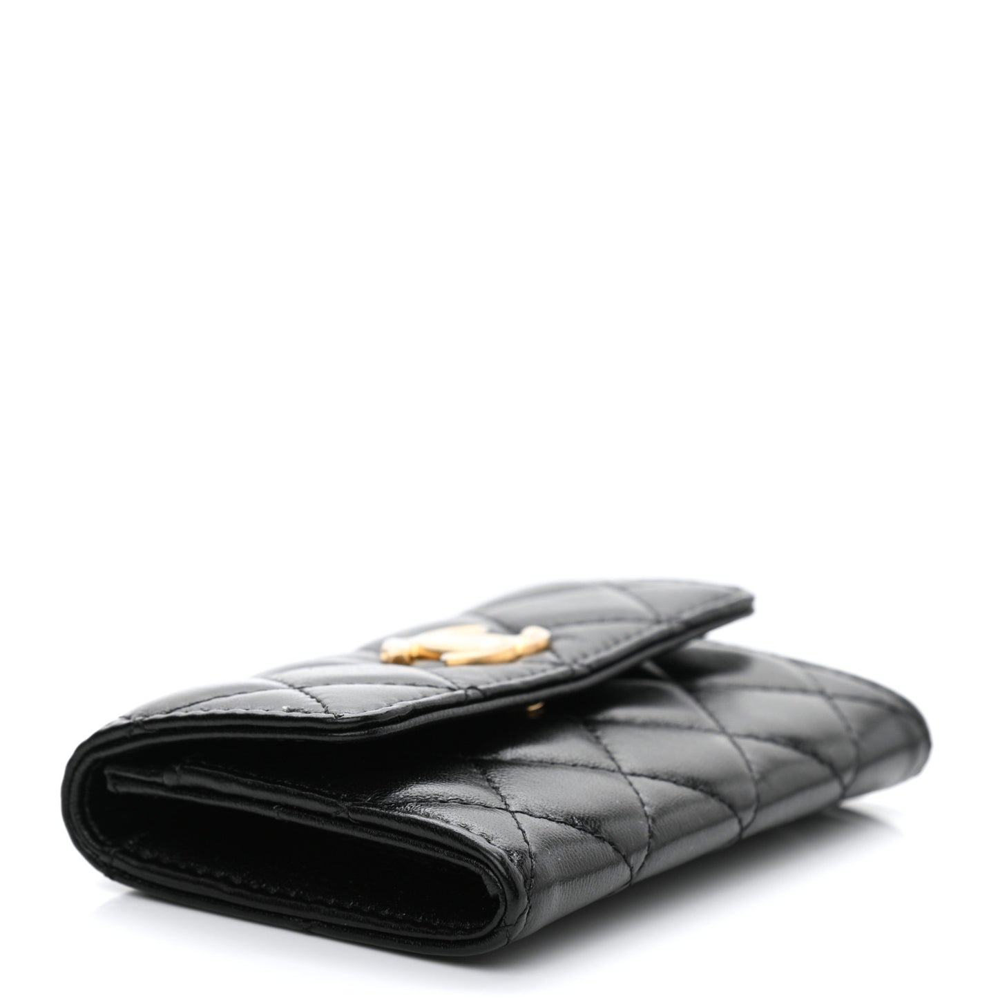 Lambskin Quilted Flap Card Holder Wallet Black