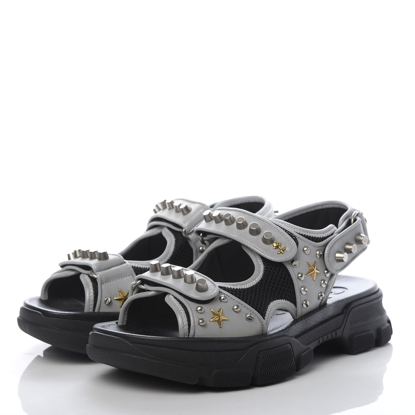 Technical Canvas Calfskin Reflective Studded Mens Aguru Sandals 8 Silver Black