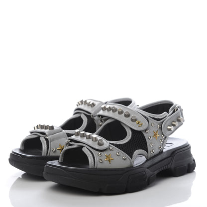 Gucci Technical Canvas Calfskin Reflective Studded Mens Aguru Sandals 8 Silver Black 3 of 8