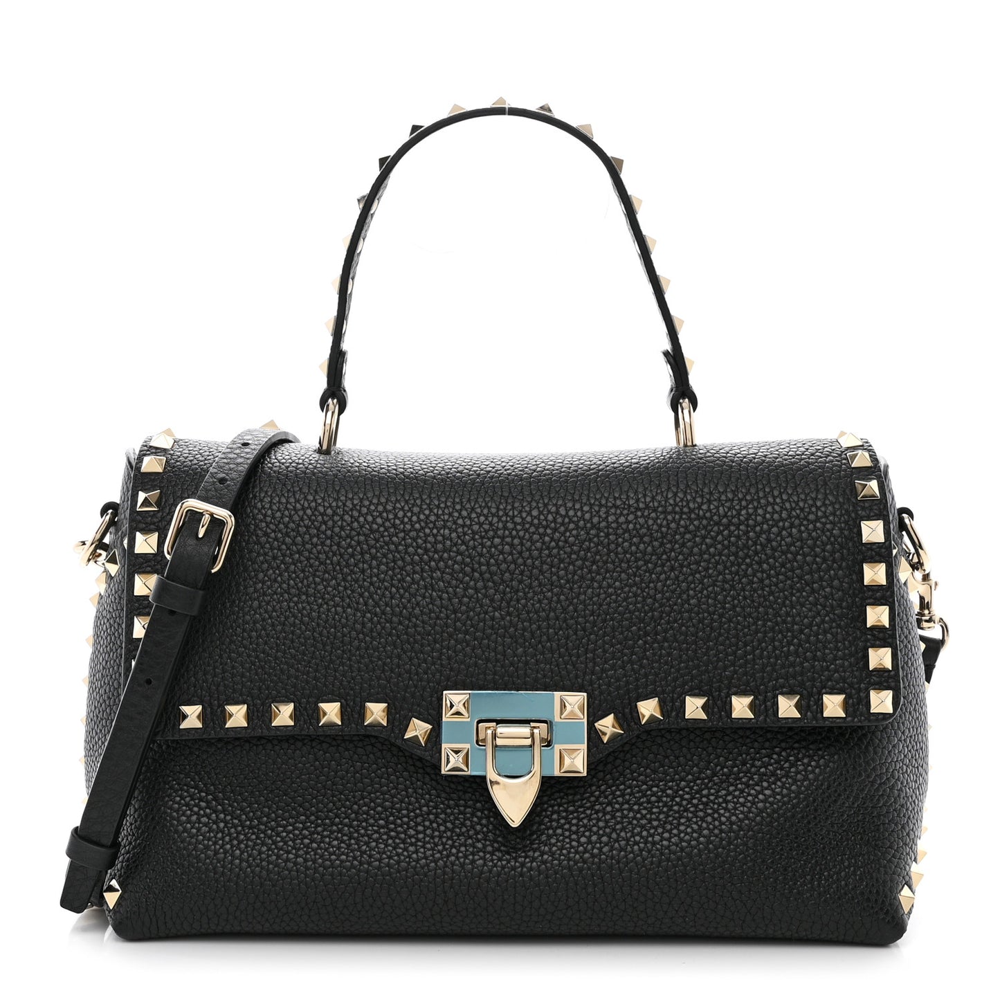 Pebbled Calfskin Rockstud Single Handle Flap Bag Black