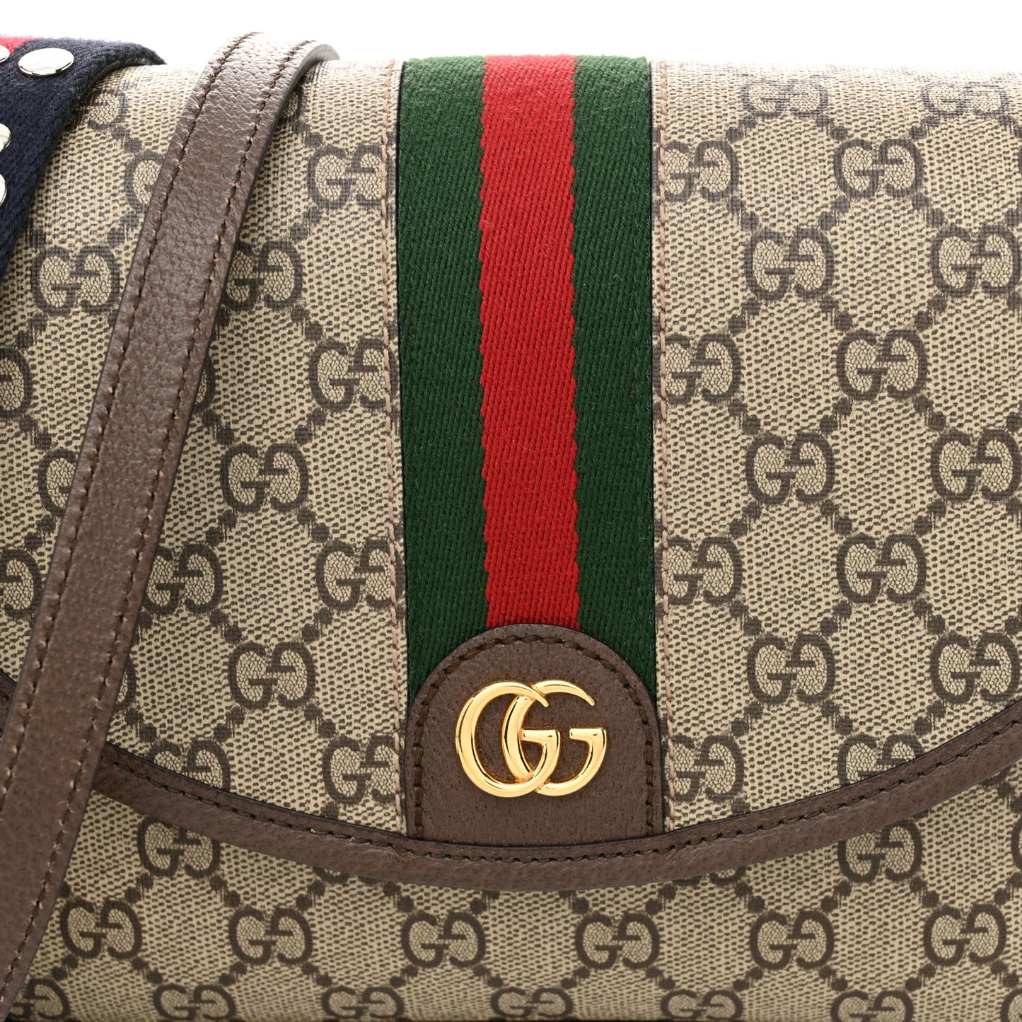 GG Supreme Monogram Textured Dollar Calfskin Web Studded Mini Ophidia Flap Shoulder Bag Beige Ebony New Acero