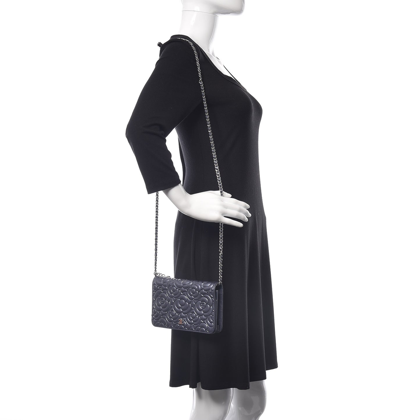 Goatskin Camellia Embossed Wallet On Chain WOC Dark Blue