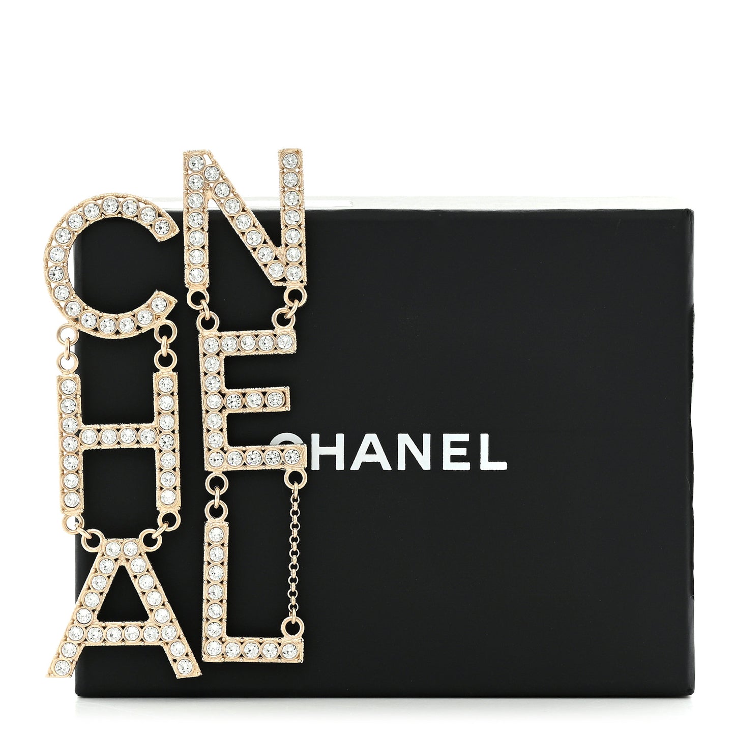 Crystal Cha-Nel Logo Drop Earrings Gold