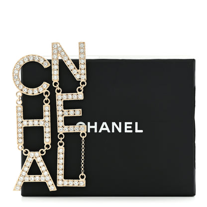 Chanel Crystal Cha-Nel Logo Drop Earrings Gold 5 of 5