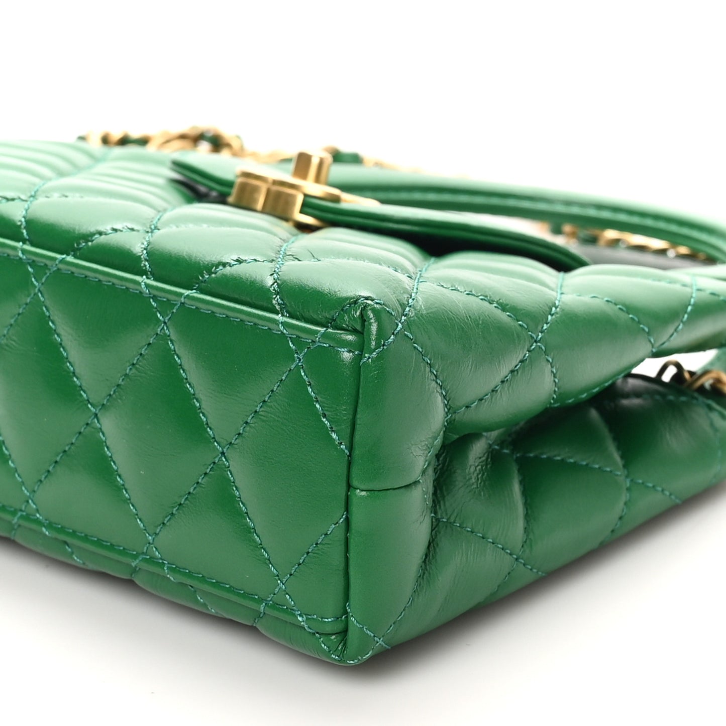 Shiny Aged Calfskin Quilted Nano Kelly Shopper Green