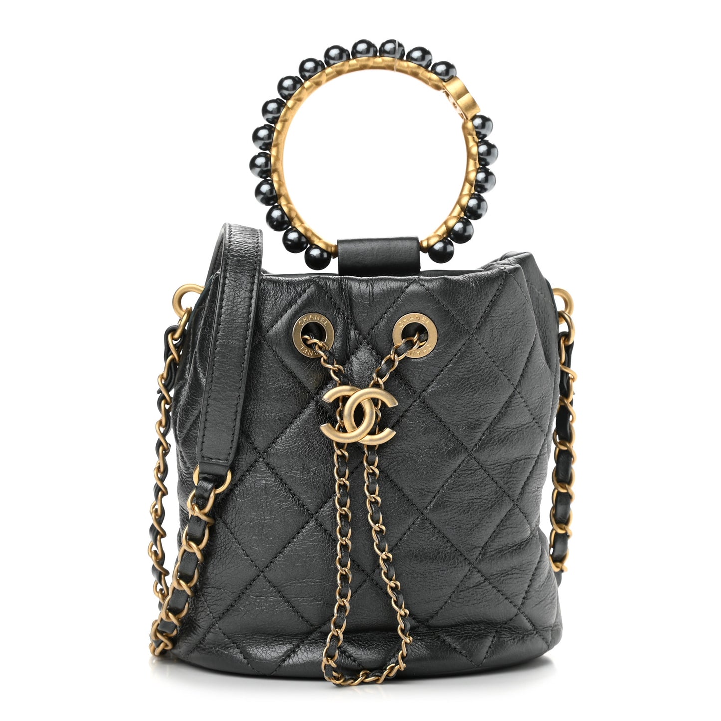 Metallic Lambskin Quilted Pearl Crown Drawstring Bag Anthracite
