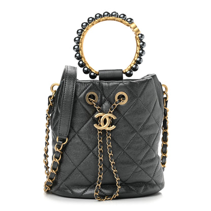 Chanel Metallic Lambskin Quilted Pearl Crown Drawstring Bag Anthracite 1 of 11