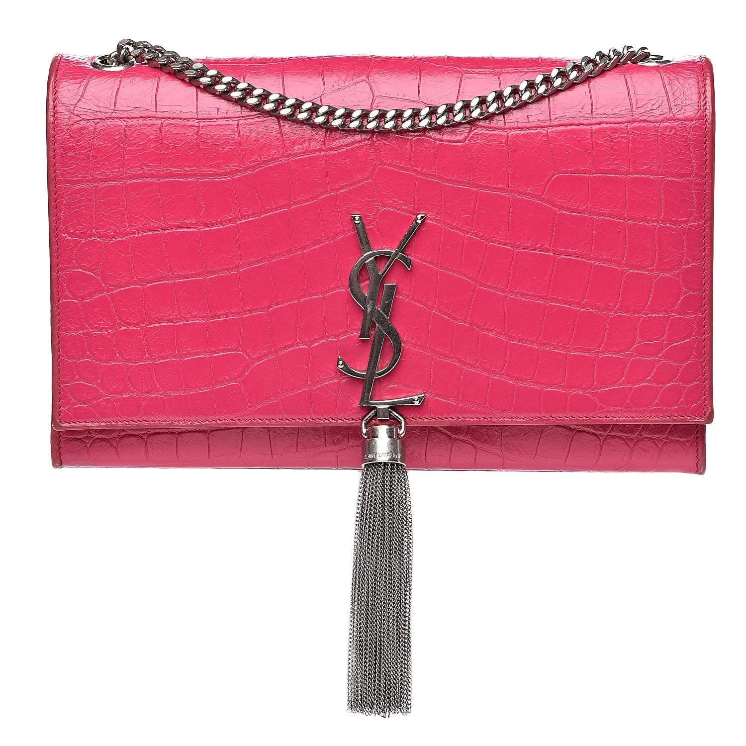 Saint Laurent Calfskin Crocodile Embossed Medium Classic Monogram Kate Tassel Satchel Fuchsia 1 of 15