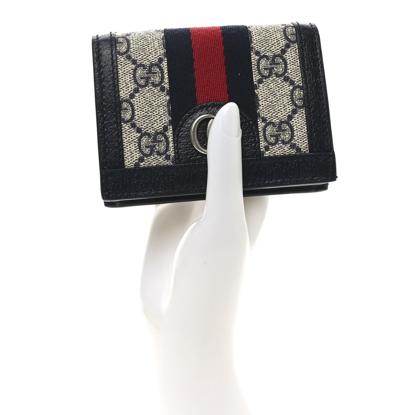 GG Supreme Monogram Textured Dollar Calfskin Web Ophidia Card Case Beige Blue