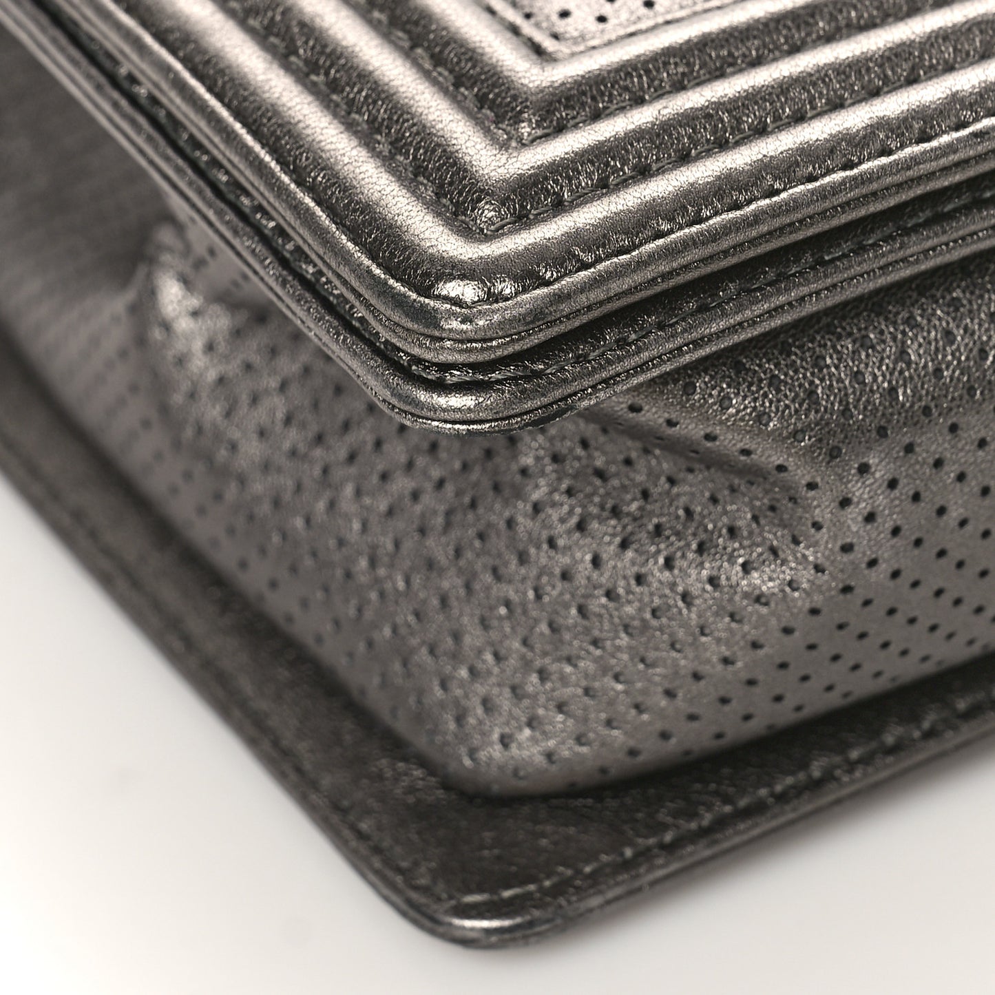 Metallic Lambskin Perforated New Medium Boy Flap Dark Silver