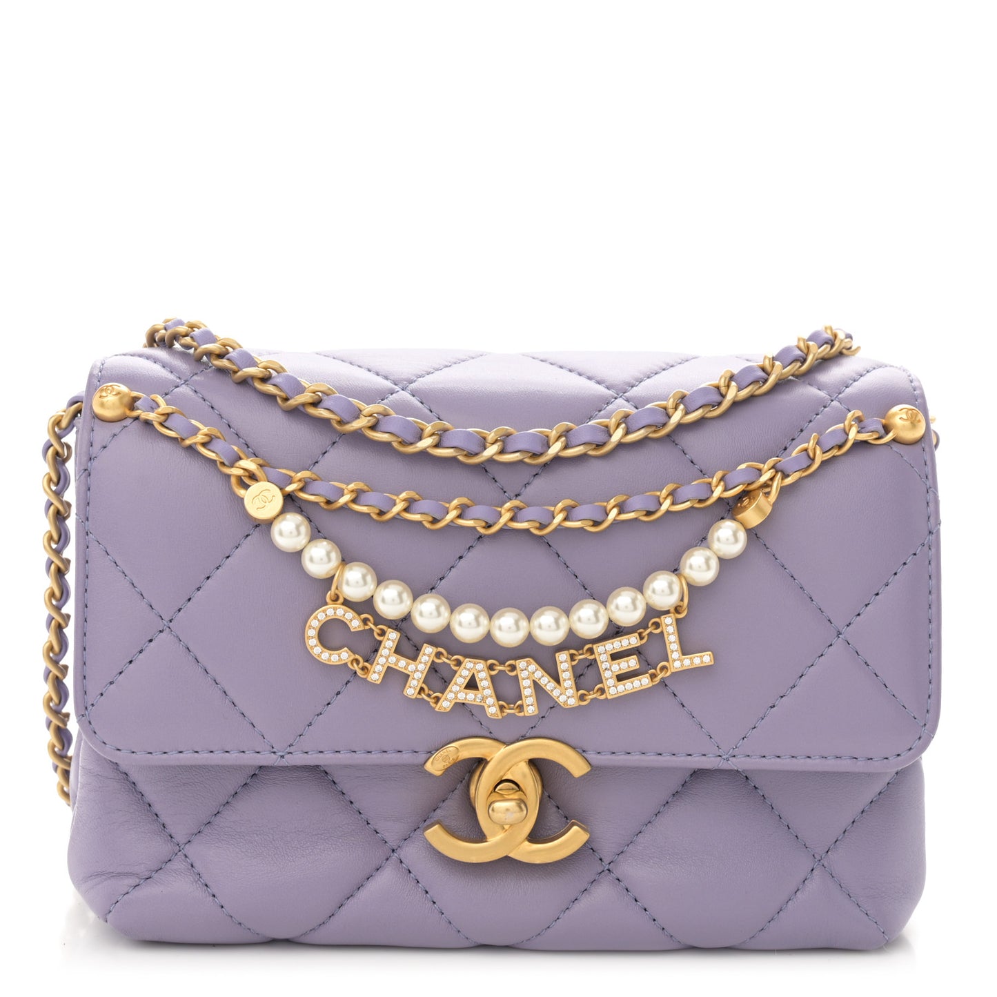 Shiny Lambskin Quilted Mini Pearl Logo Flap Light Purple