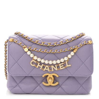 Chanel Shiny Lambskin Quilted Mini Pearl Logo Flap Light Purple 1 of 11