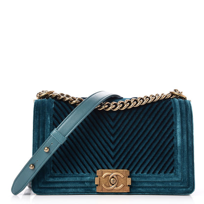 Chanel Velvet Chevron Quilted Medium Boy Flap Peacock Blue 1 of 7