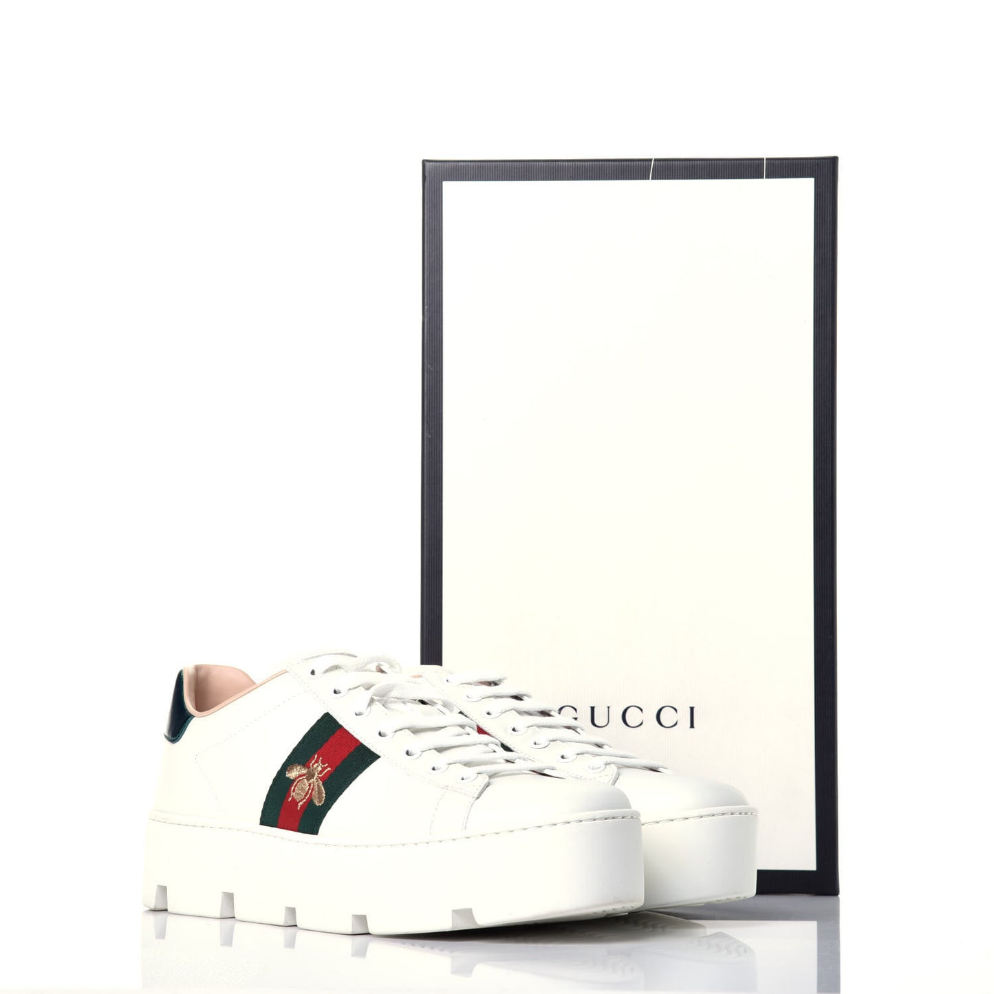 Calfskin Web Bee Embroidered Womens Ace Platform Sneakers 39 White