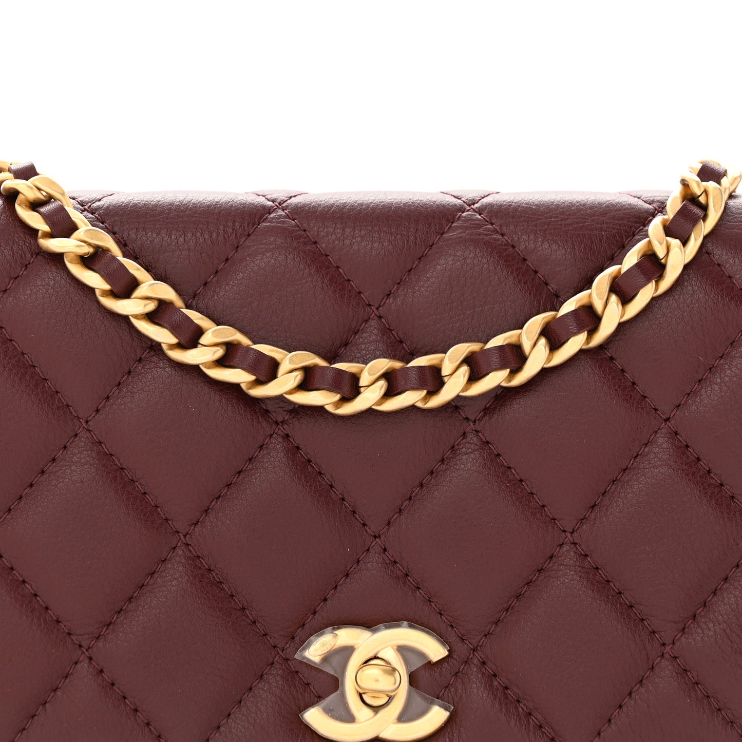 Calfskin Quilted Coco Mail Clutch With Chain Burgundy
